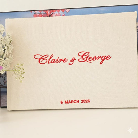 Personalised embroidered linen wedding guest book 2