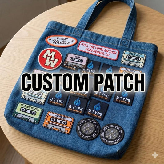 Custom patches displayed on denim bag