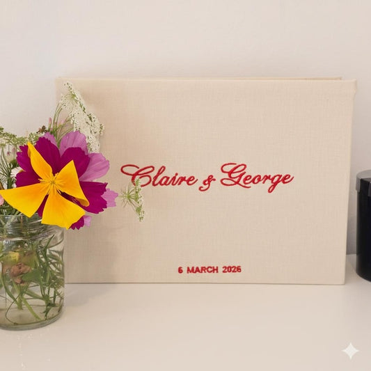 Personalised embroidered linen wedding guest book 1
