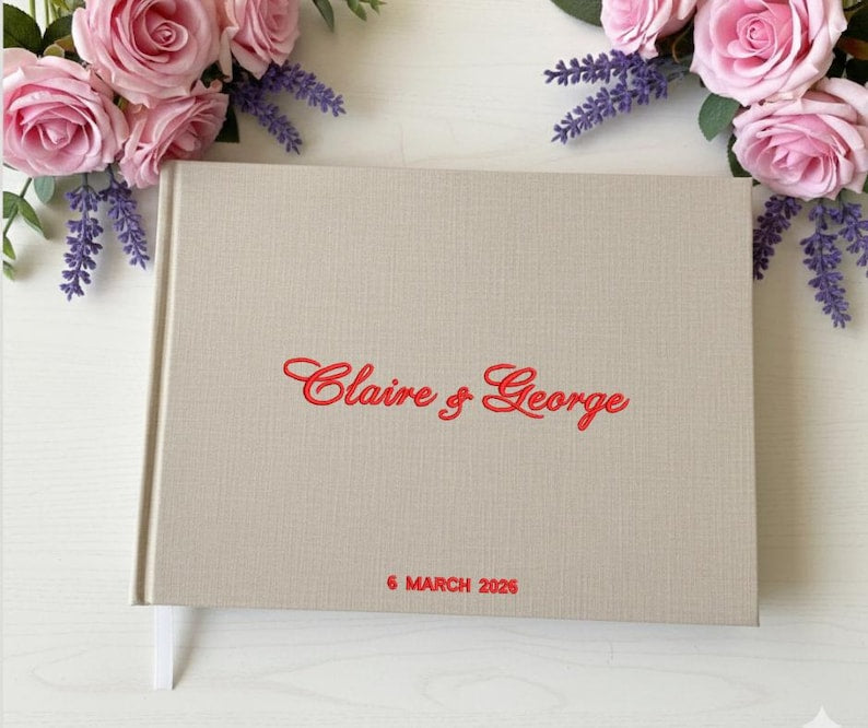 Personalised embroidered linen wedding guest book 3