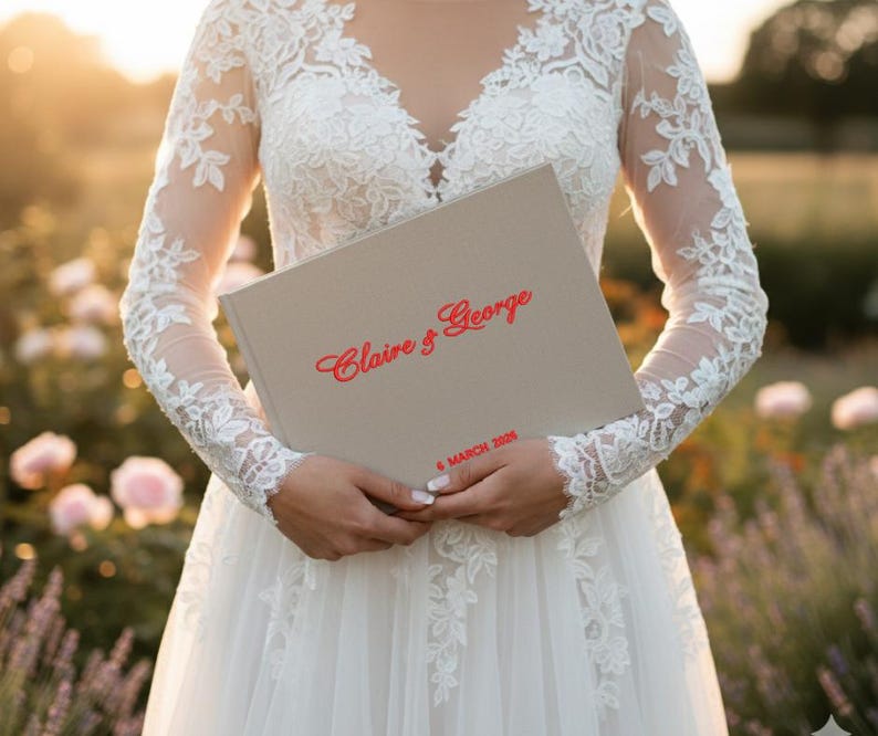 Personalised embroidered linen wedding guest book 4