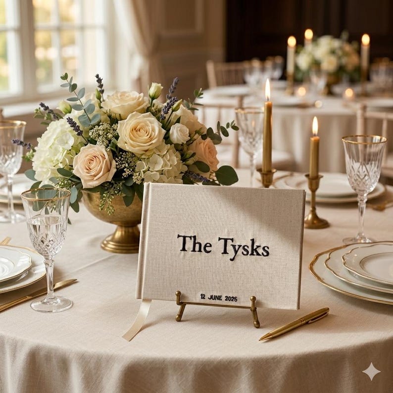 Personalised embroidered linen wedding guest book 6