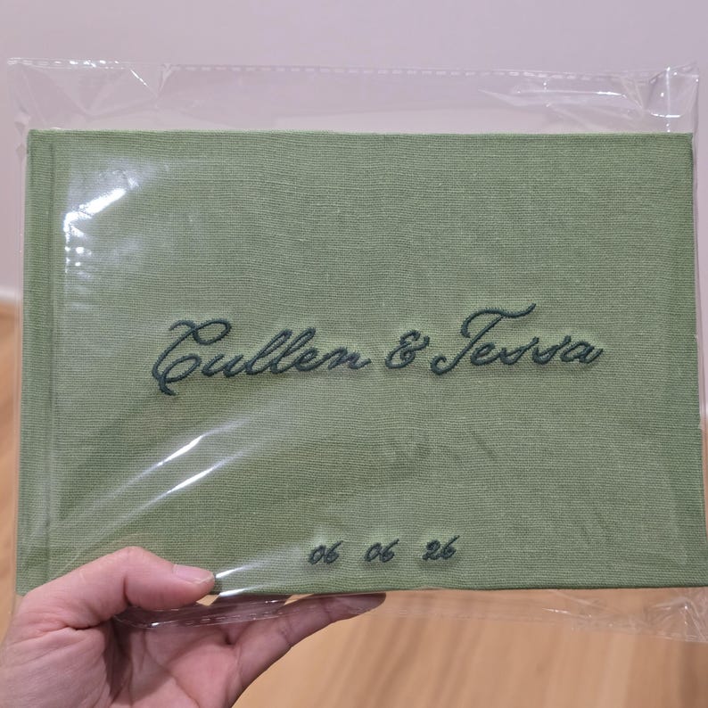 Personalised embroidered linen wedding guest book 7