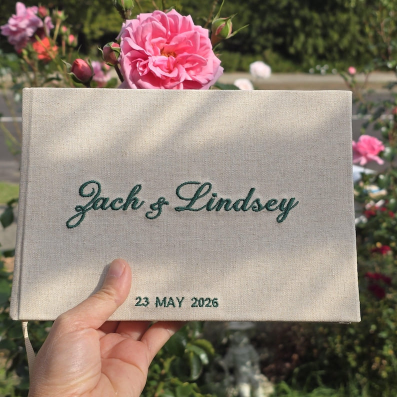Personalised embroidered linen wedding guest book 8