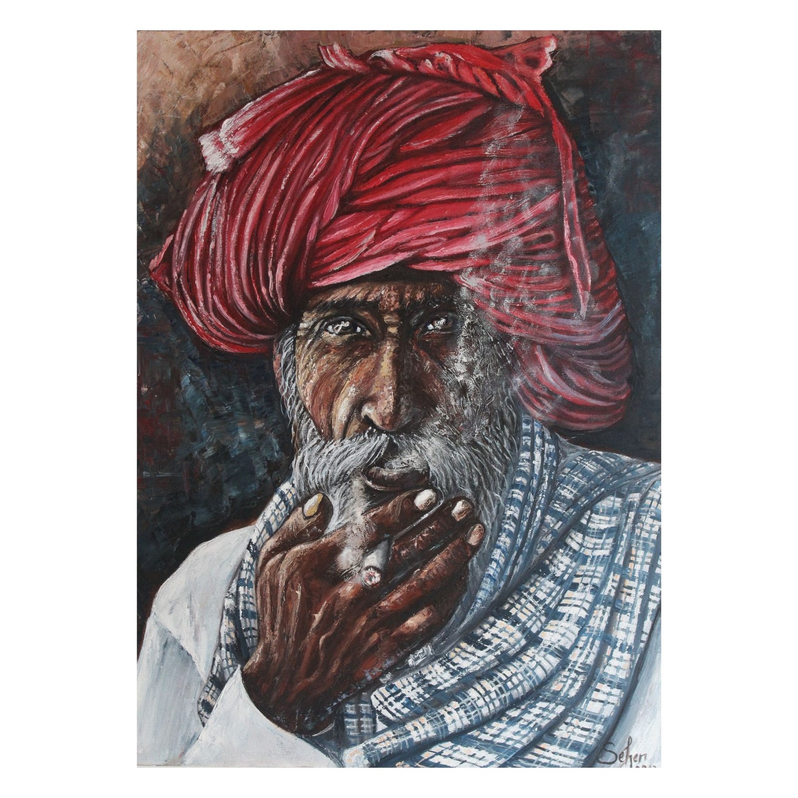 oil painting of an old man with turban on his head and a cigaret  in his hand