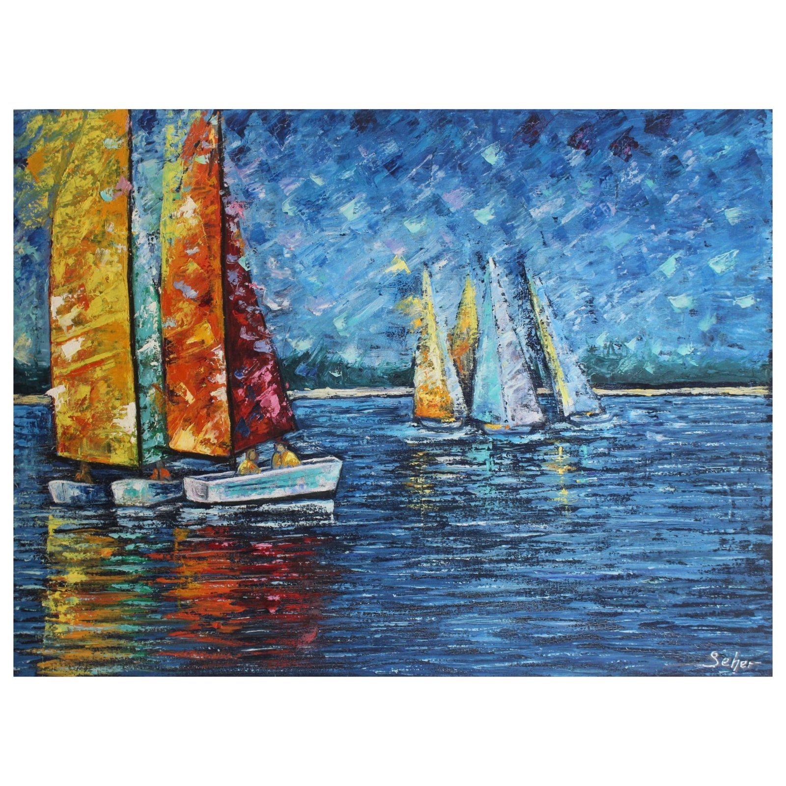 oil painting of a sea and boats on it with bold brush and pallet knife strokes