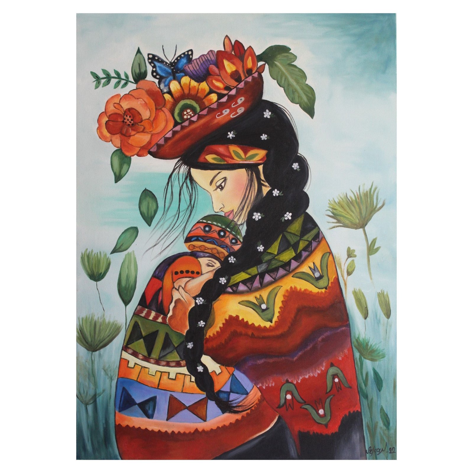 oil painting of a mother holding her child, with flowers on her head