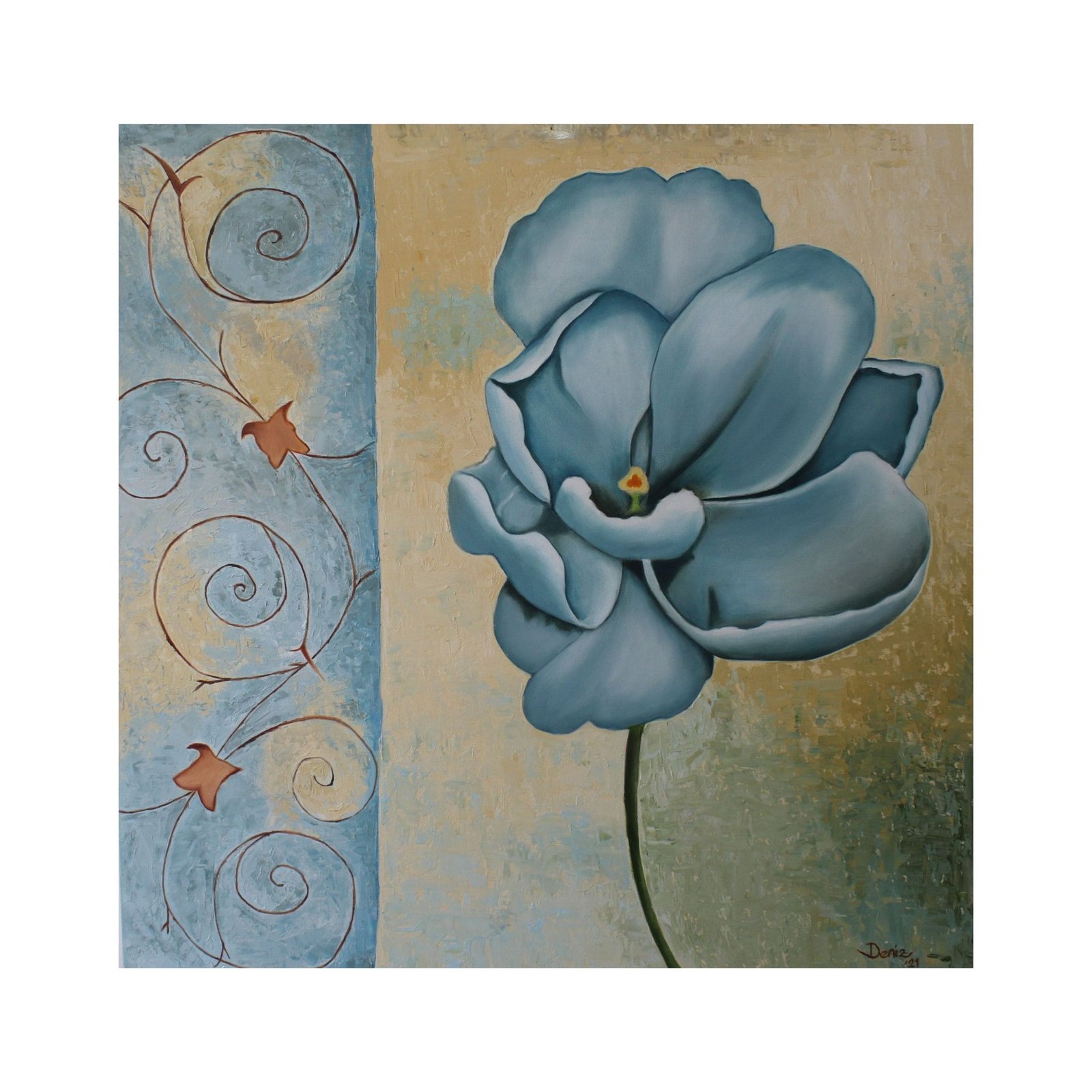 oil painting of a blue flower with patterned background