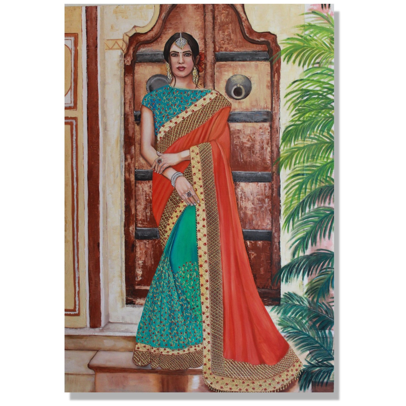oil painting of an Indian girl wearing a traditional sari. standing in front of a door