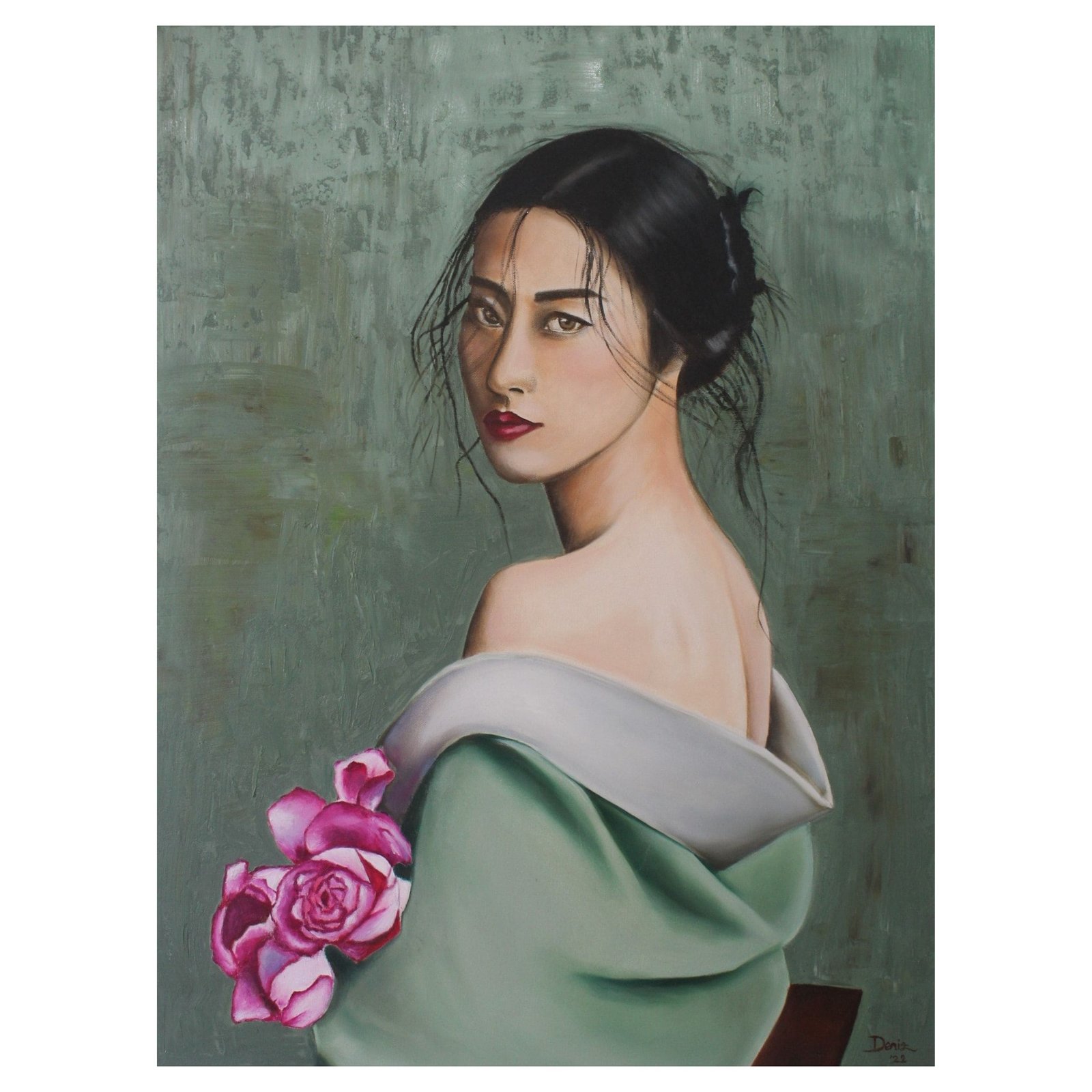 oil painting of an Asian girl wearing a green traditional outfit holding a flower