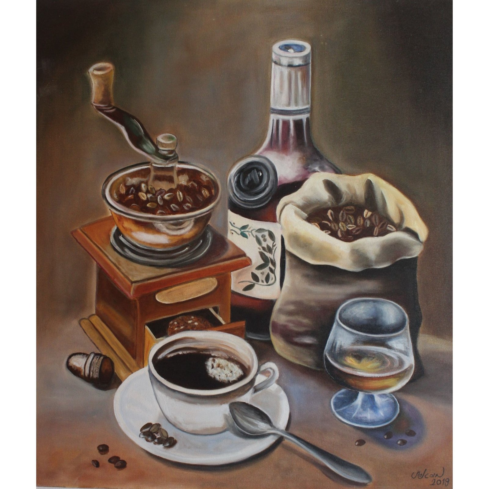 oil painting of coffee grounds, coffee cup, a coffee blender and a cognac shot
