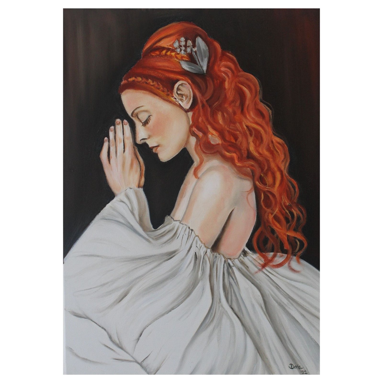 oil painting of a red head girl in white dress
